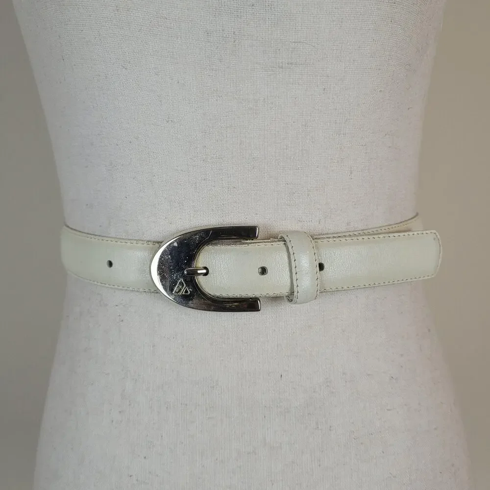 Vintage Liz Claiborne‎ Belt Large Cream Leather Gold Buckle Dress Classic 90s